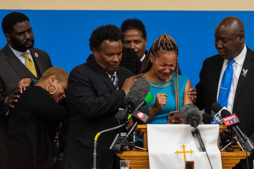 Kamilah Whitfield, granddaughter of shooting victim Ruth Whitfield, speaks during a news conference.