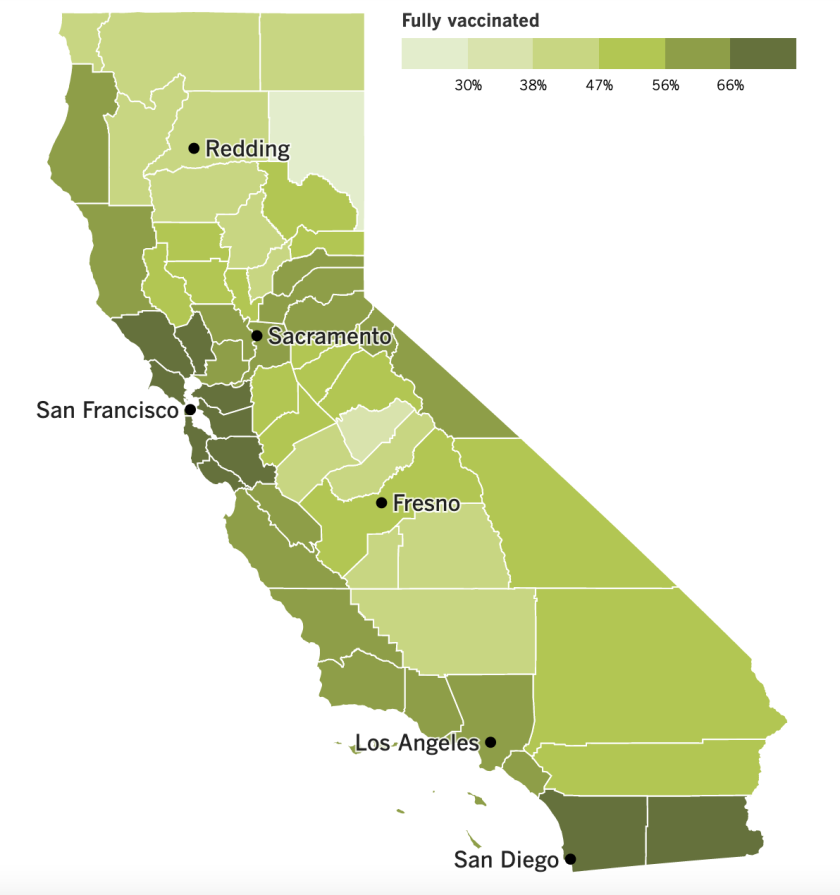 A map that shows California's COVID-19 vaccination rates by county.