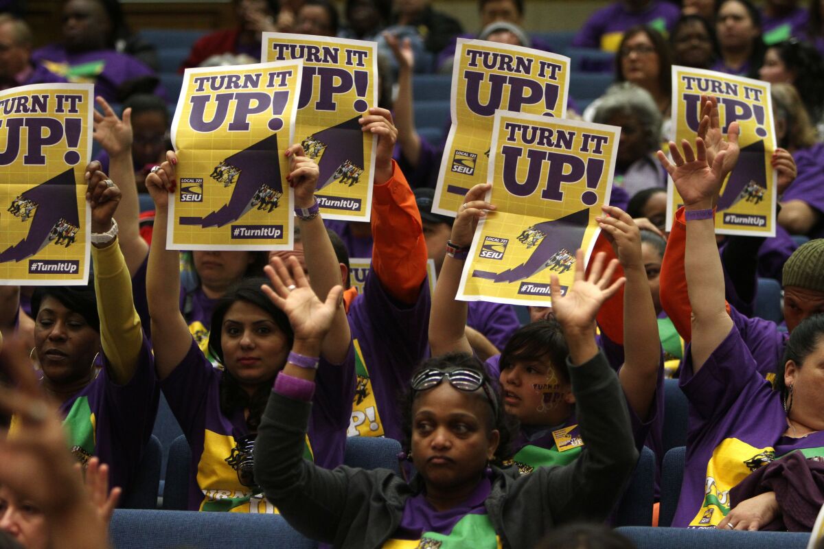 Boisterous Los Angeles County employees filled the Hall of Administration Tuesday to demand pay raises from the Board of Supervisors.