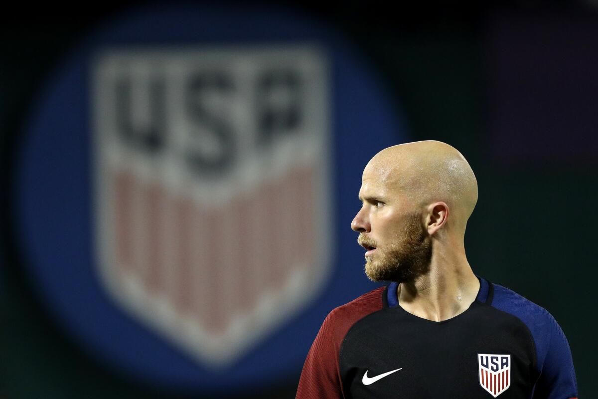 United States midfielder Michael Bradley looks on against New Zealand in the second half of a soccer game Oct. 11.