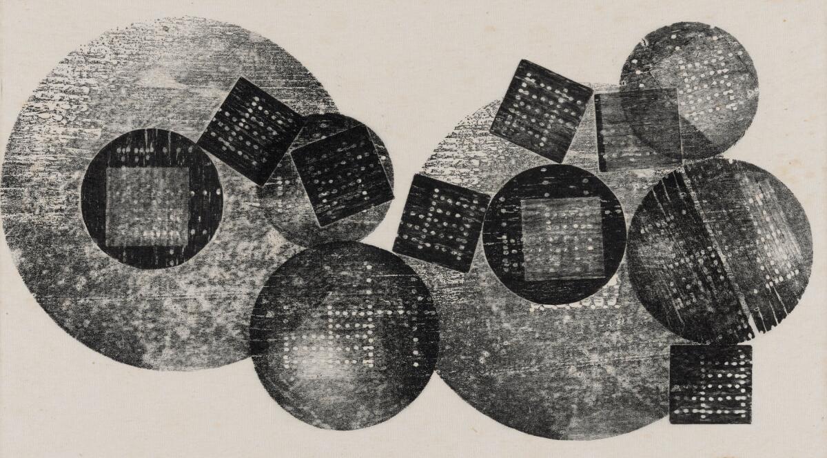 A horizontal wood block print in black and white features circles and squares at various scales.