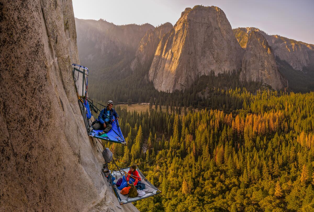 Two rock climbers on El Capitan in the Yosemite Valley