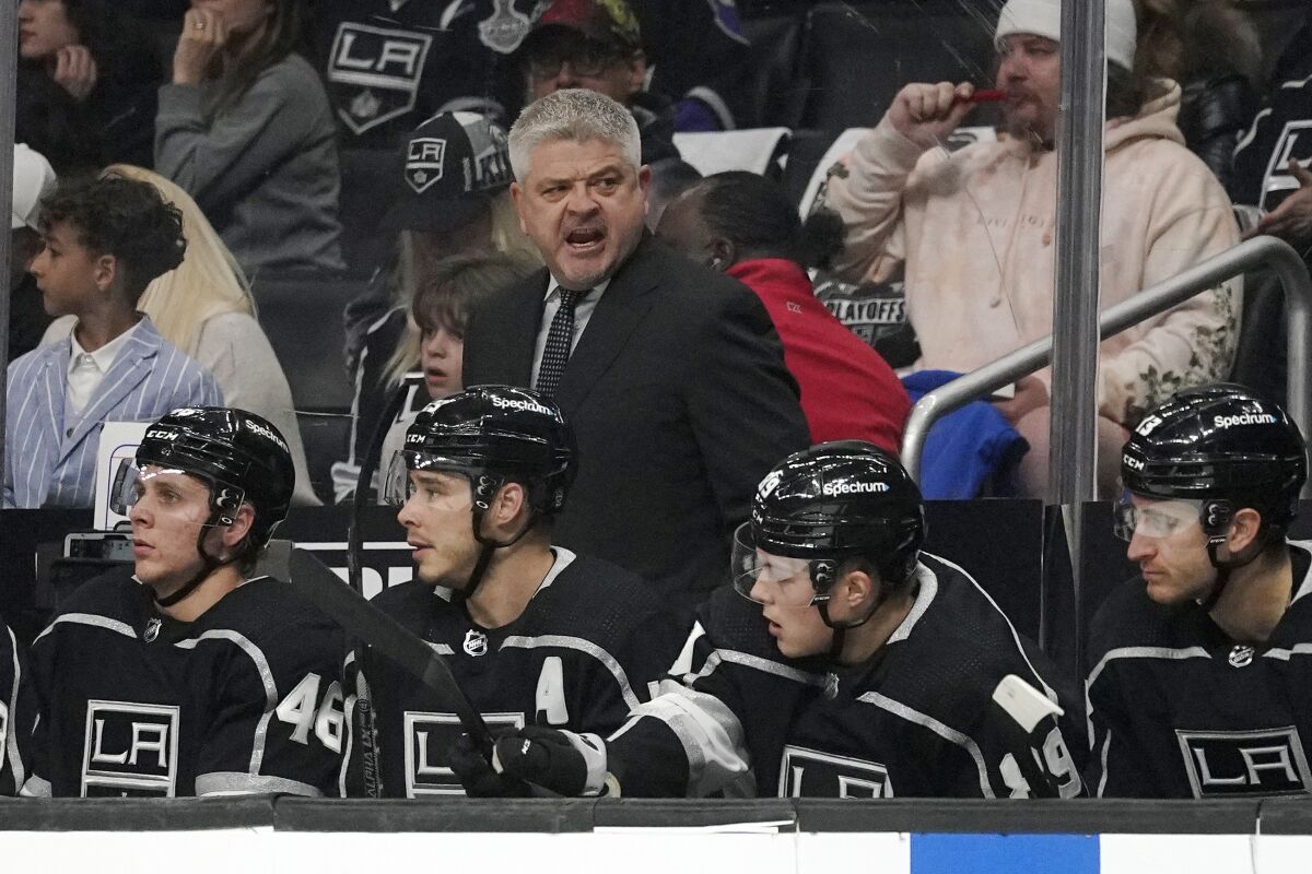 Kings coach Todd McLellan instructs his players during Game 4 against the Oilers on May 8.
