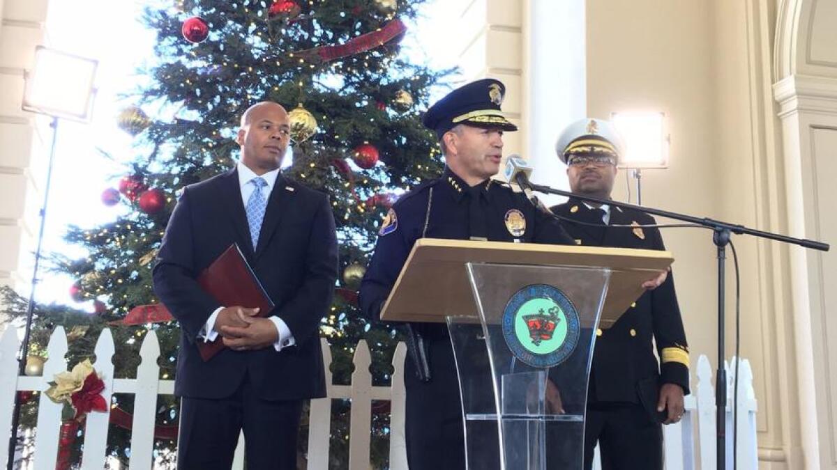 Pasadena Police Chief Phillip Sanchez, flanked by Special Agent in Charge Rob Savage of the U.S. Secret Service, left, and Pasadena Fire Chief Bertral Washington, discuss Rose Parade security.