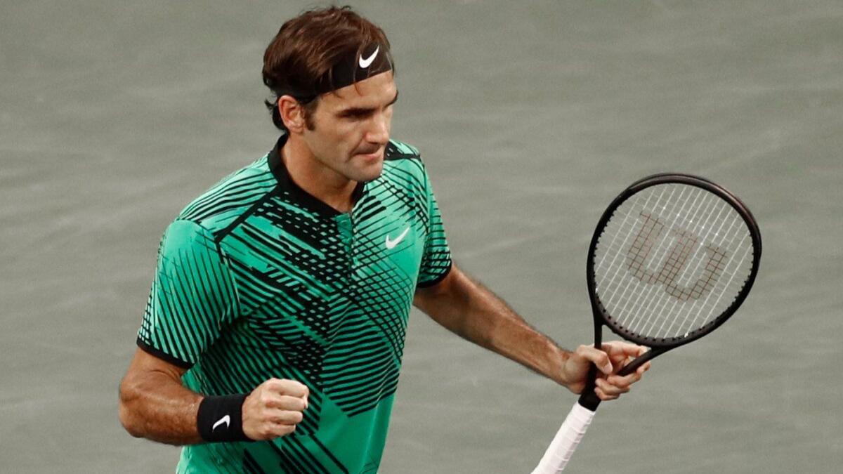 Roger Federer reacts after a shot against Steve Johnson during a match on March 14, 2017, at the BNP Paribas Open in Indian Wells.