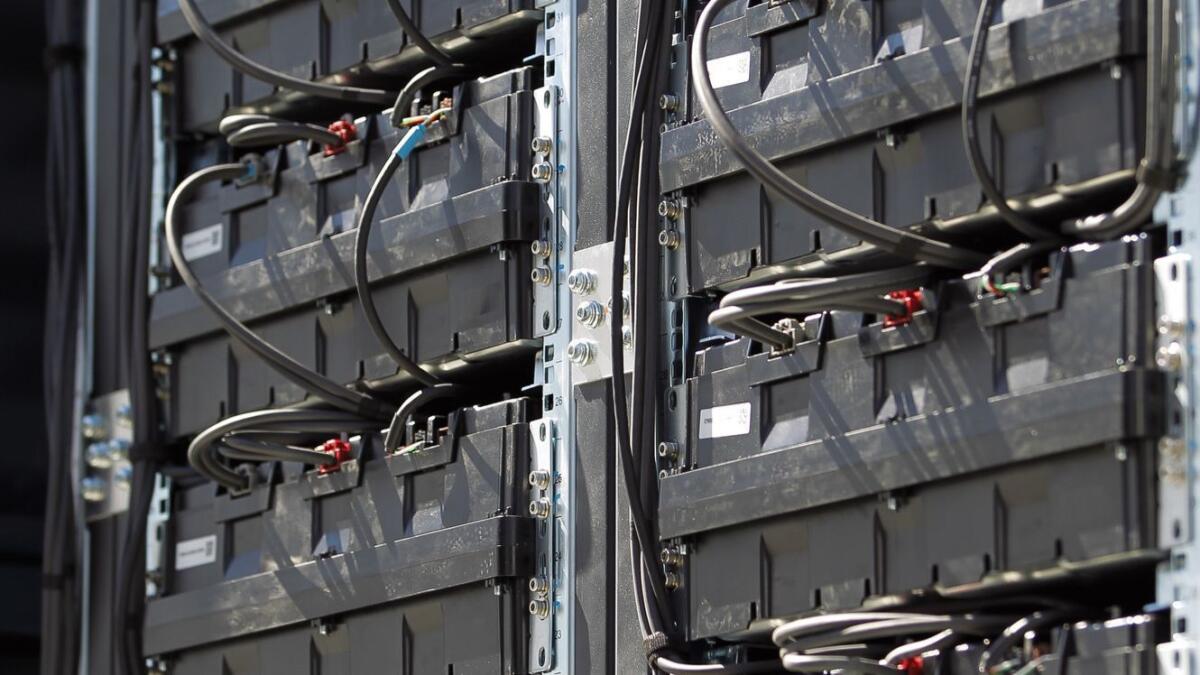An array of lithium-ion batteries at SDG&E's energy storage facility in Escondido. The utility has received approval from the California Public Utilities Commission to add more storage at the site, as well as at facilities in San Diego, Poway, Fallbrook and San Juan Capistrano.