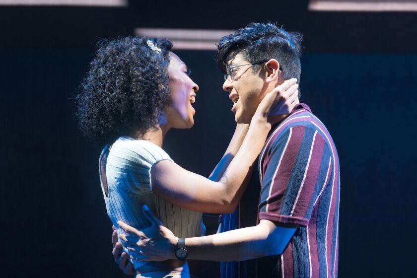 MJ Rodriguez (“Audrey”) and George Salazar (“Seymour”) in the 2019 production of “Little Shop of Horrors” at Pasadena Playhouse.