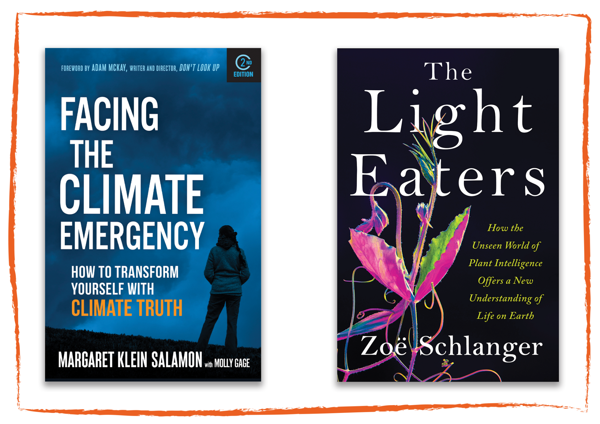 Book covers for "Facing the Climate Emergency" and "The Light Eaters"