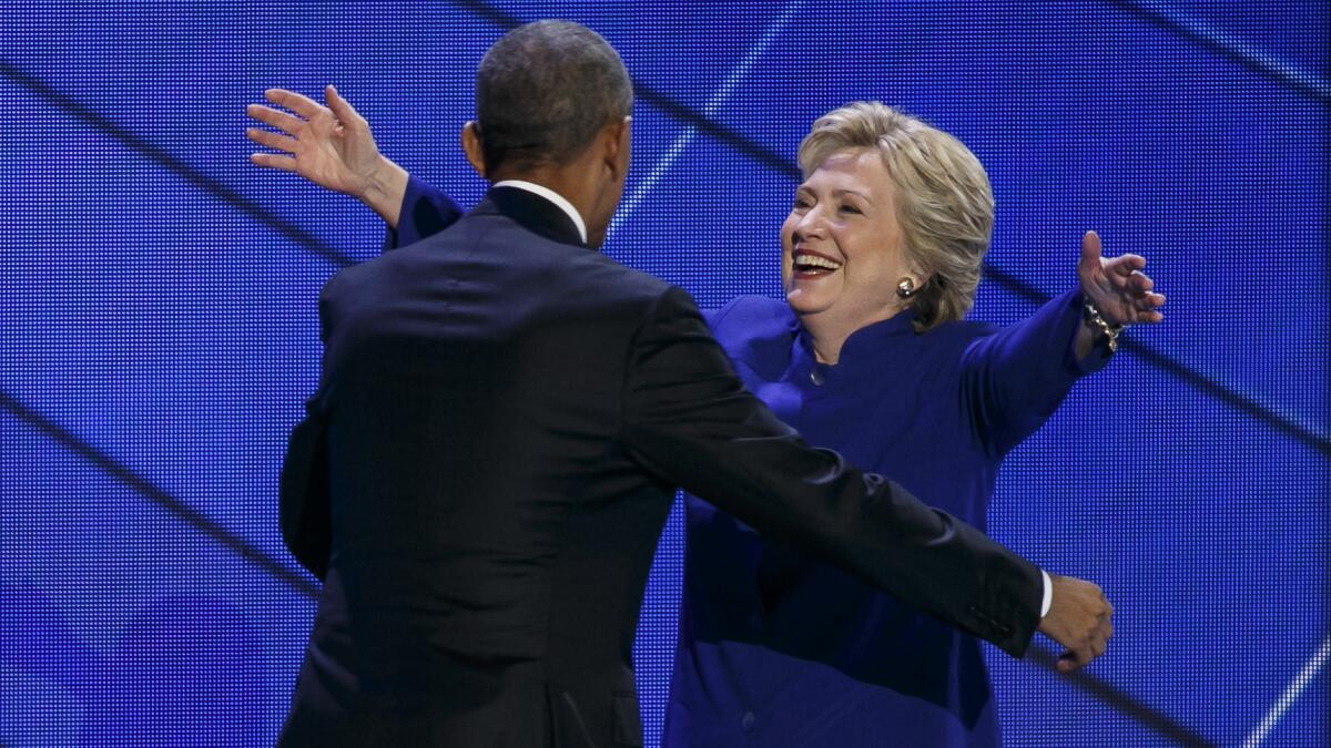 President Obama and Hillary Clinton at the Democratic National Convention in Philadelphia.