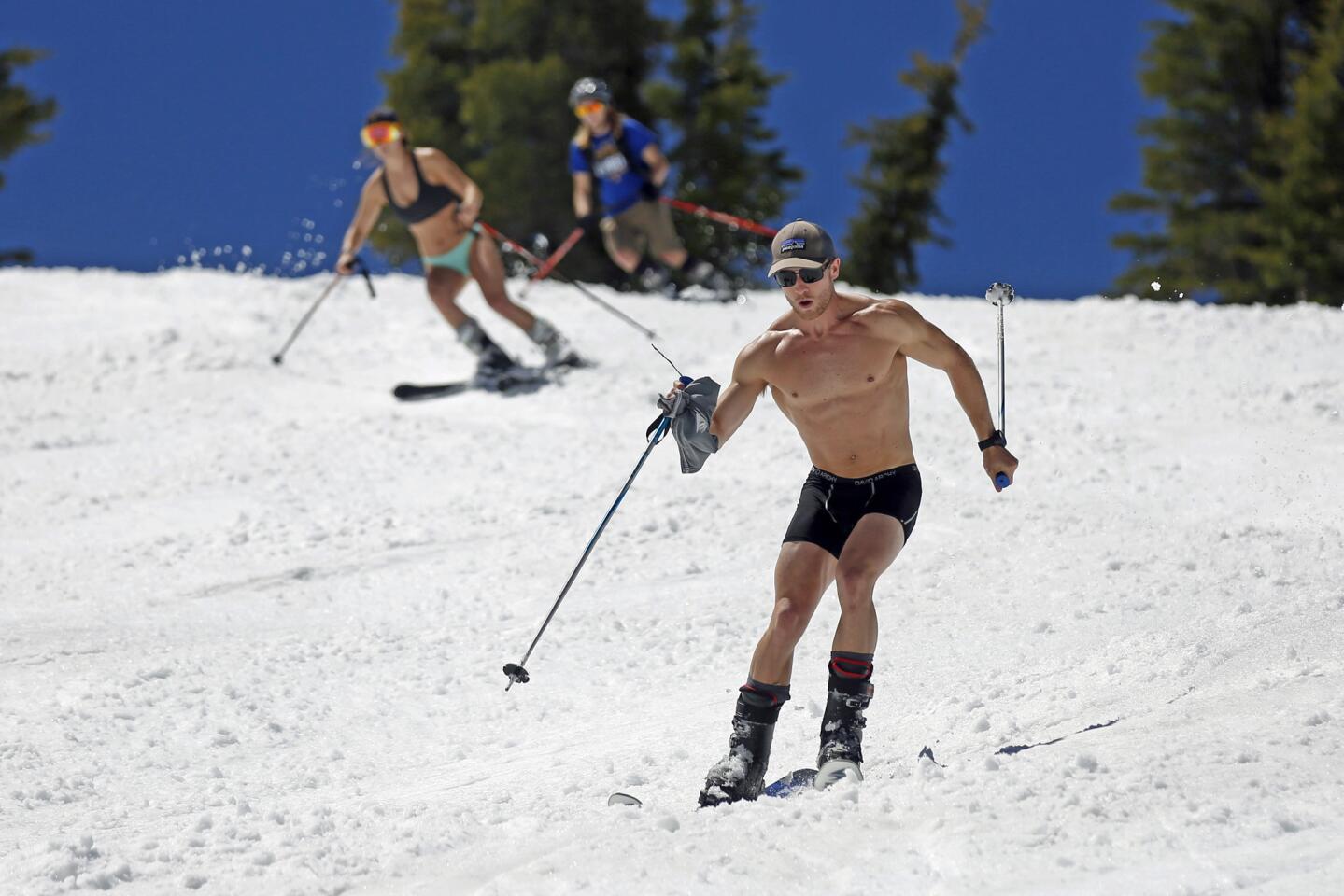Bikini tops and snowcaps: Skiers at Squaw Valley Ski Resort in Olympic Valley, Calif.
