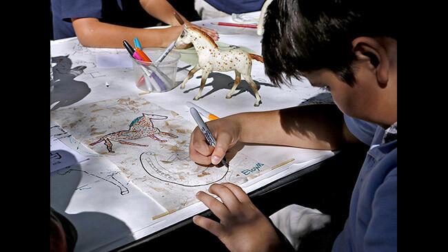 Roosevelt Elementary School (Pasadena) fourth grader Eloy Muro, 9, draws a horse shoe after drawing a horse from a model next to him, during the Art of the Horse Program at Rose Bowl Riders, in La CaÃ±ada Flintridge on Wednesday, Feb. 7, 2018. The students were allows to express their creativity while drawing a horse show and a horse on a Chinese scroll.