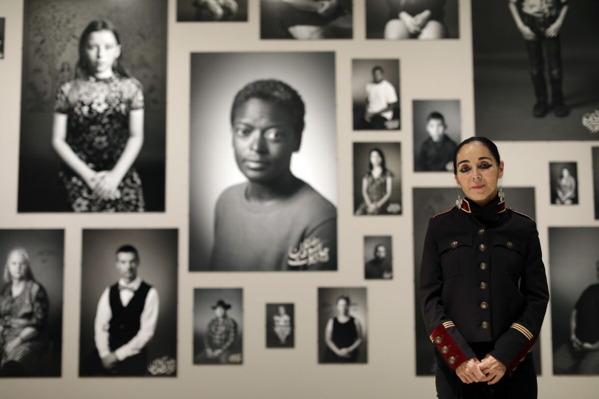 Shirin Neshat stands before an installation of her work at the Broad museum.