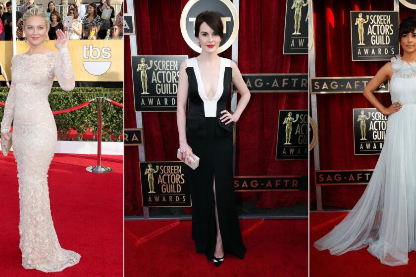 From left, Elisabeth Rohm in Marchesa, Michelle Dockery in J. Mendel, and Hannah Simone in Marchesa.