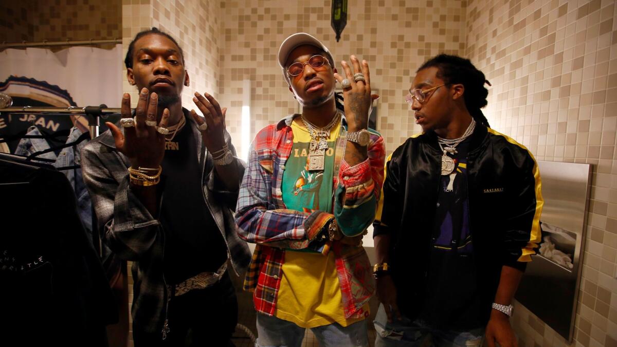 The members of the Atlanta hip-hop trio Migos are, from left, Offset, Quavo and Takeoff. The group will headline the second night of the three-day Wonderfront Music & Arts Fair in San Diego in November.