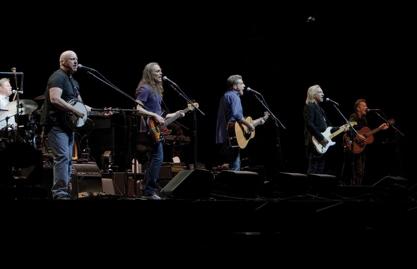 The Eagles are the first act to play the newly renovated Forum in Inglewood. The 46-year-old venue, which famously hosted many classic rock bands in addition to Lakers and Kings games, has undergone extensive changes to remake it from a sports arena into a live entertainment destination, thanks to a $100-million investment by Madison Square Garden Co. The Eagles perform at the newly renovated Forum on January 15, 2014 in Inglewood, California.
