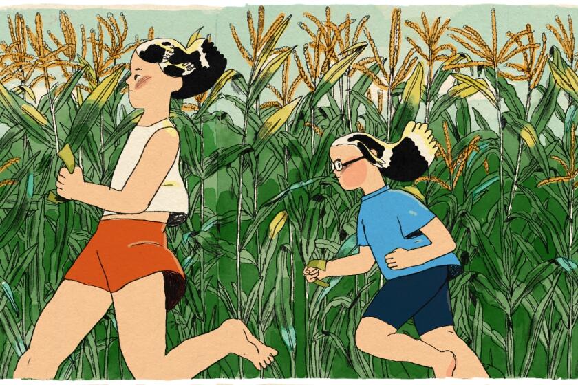 Illustration of two girls with dark hair running in a corn field for the ice cream truck.