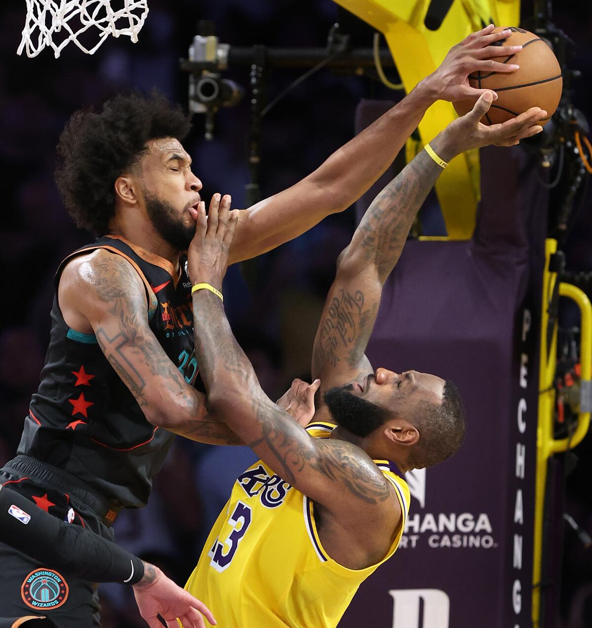 Wizards forward Marvin Bagley III blocks a shot by Lakers star LeBron James during the fourth quarter Thursday.