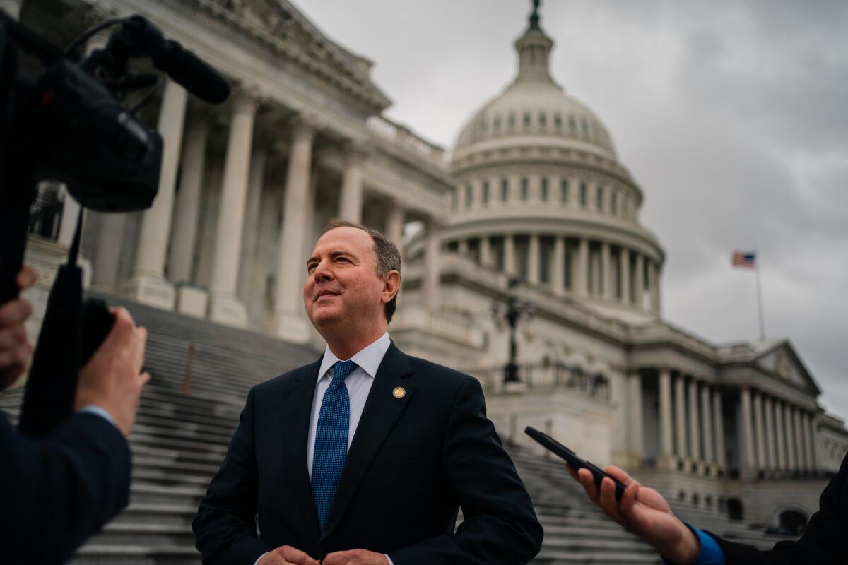 Rep. Adam Schiff (D-Burbank) speaks with reporters outside the U.S. Capitol on June 21. 