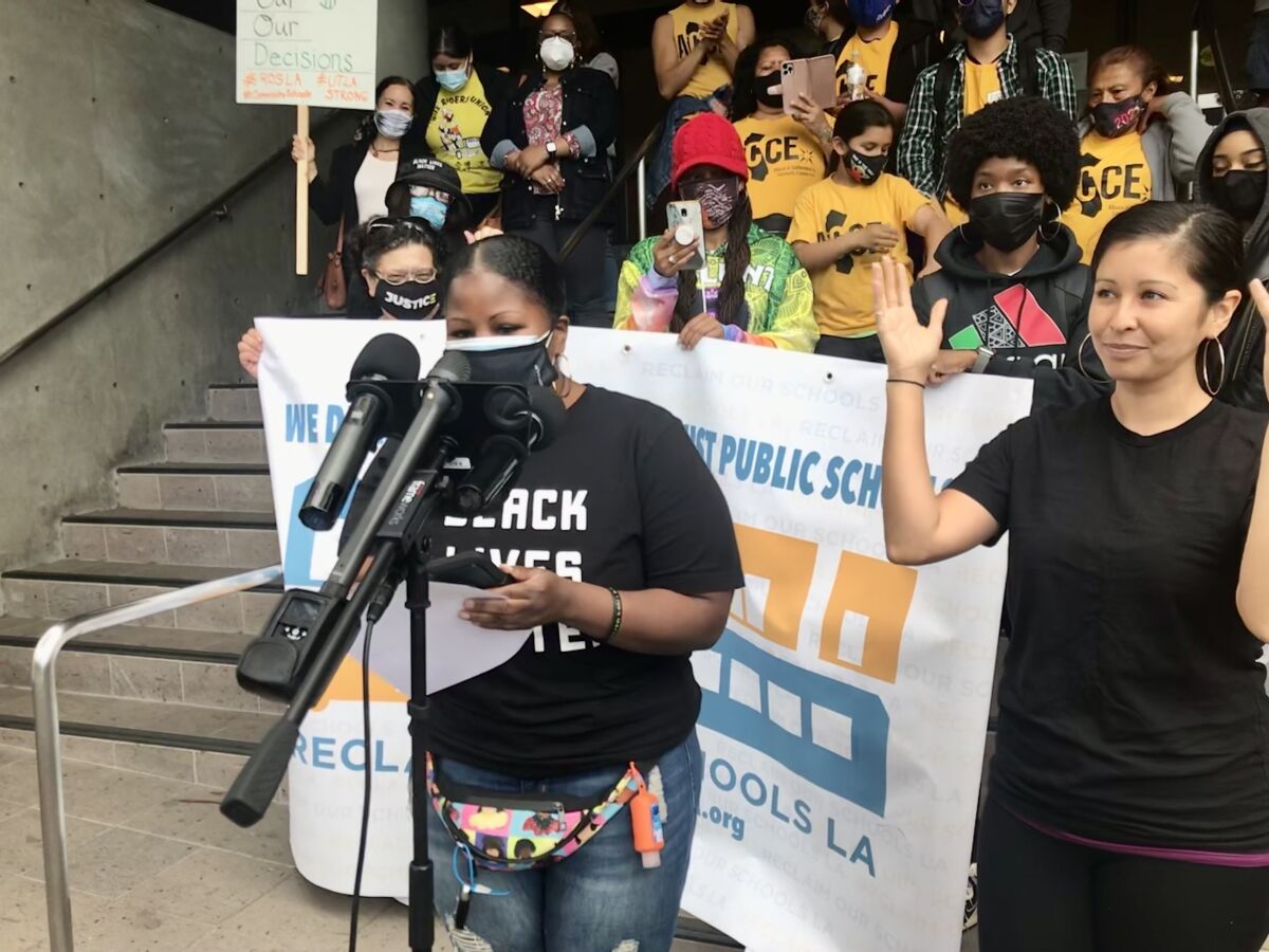 Parent Jan Williams speaks at May rally at L.A. school district headquarters.