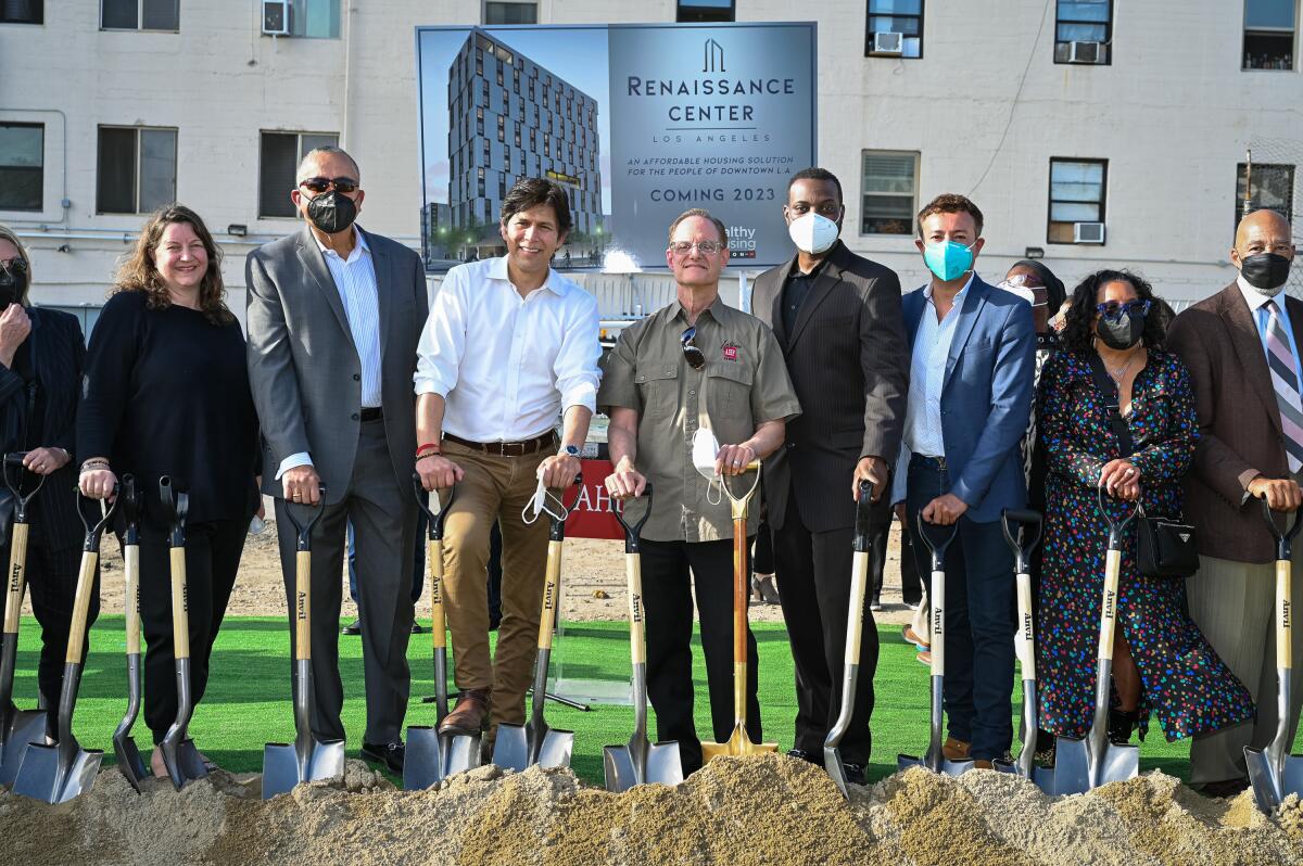 A groundbreaking ceremony at the site of a new housing project in Skid Row purchased by an AIDS Healthcare Foundation group.