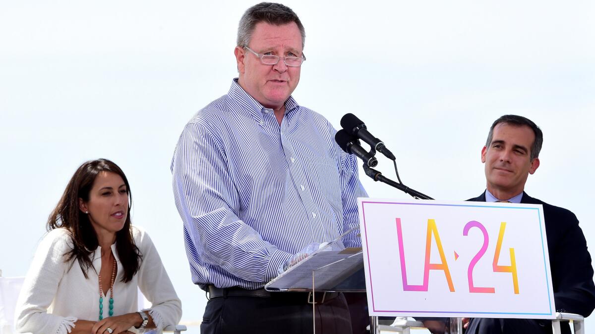 Scott Blackmun, chief executive of the U.S. Olympic Committee, speaks during a news conference on Sept. 1 to launch Los Angeles' bid for the 2024 Olympic Games.