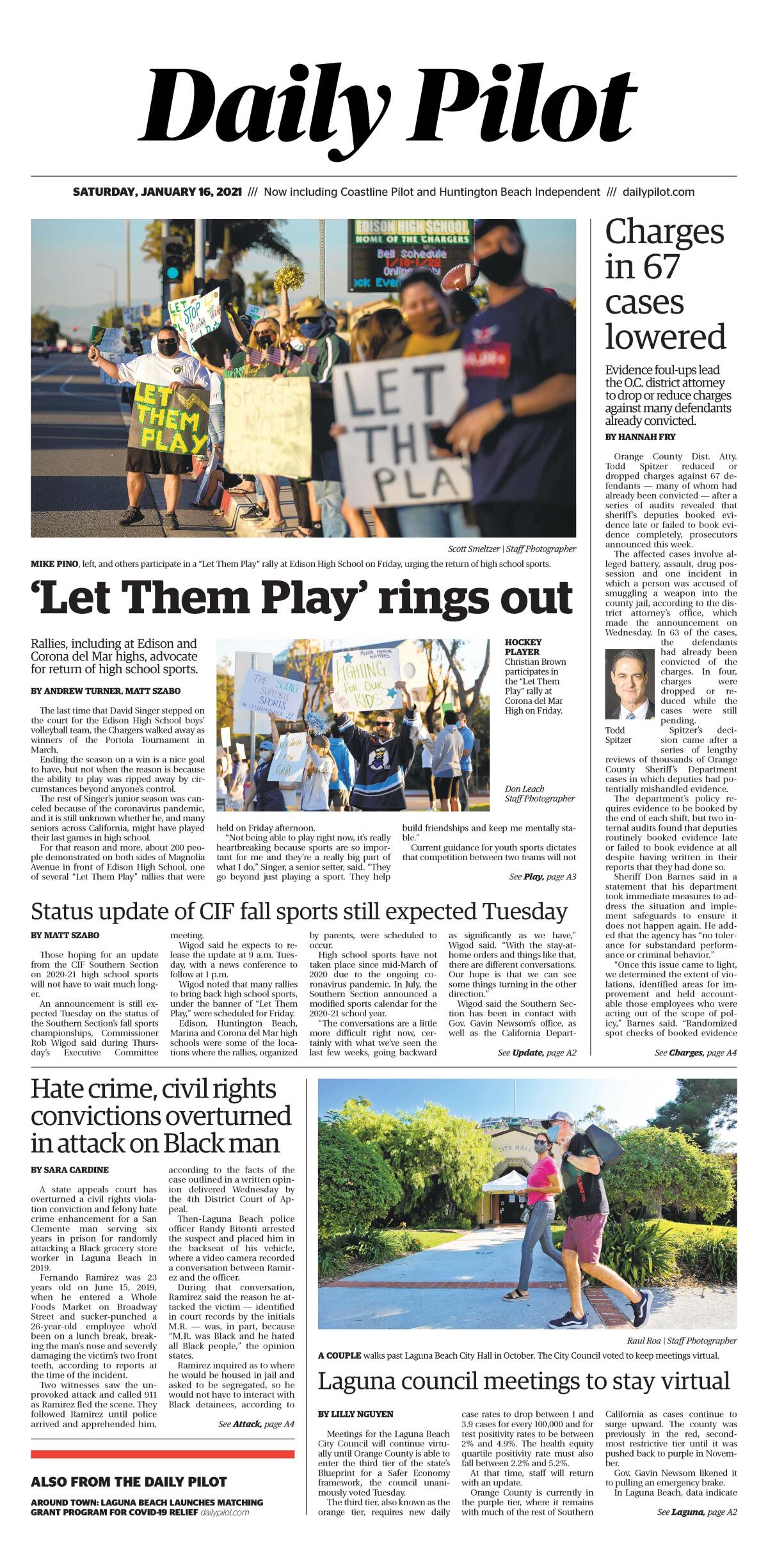 Front page of Saturday's Daily Pilot.