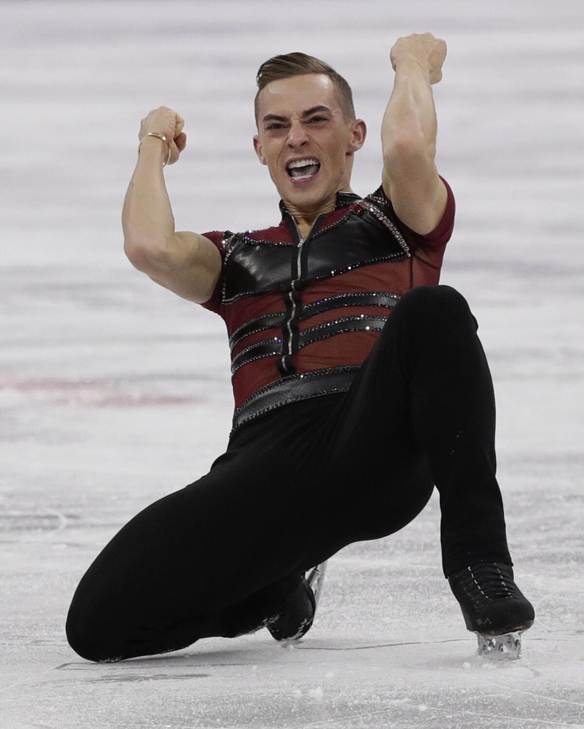 Adam Rippon reacts after his short program skate.