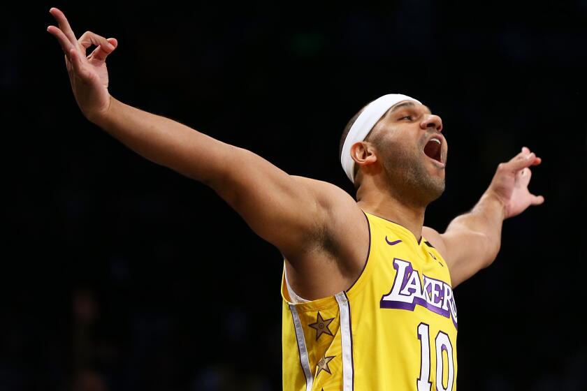 NEW YORK, NEW YORK - JANUARY 23: Jared Dudley #10 of the Los Angeles Lakers celebrates after hitting a three point basket against the Brooklyn Nets at Barclays Center on January 23, 2020 in New York City. NOTE TO USER: User expressly acknowledges and agrees that, by downloading and or using this photograph, User is consenting to the terms and conditions of the Getty Images License Agreement. (Photo by Mike Stobe/Getty Images)
