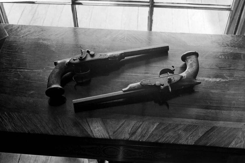 Antique dueling pistols, on view at The Grange, the home of American Treasury Secretary Alexander Hamilton in New York, 1933.