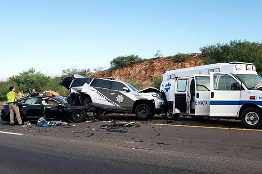 A Tesla crashed into a police vehicle which turn crashed into an ambulance in Cochise County, Az., on July 30, 2020.