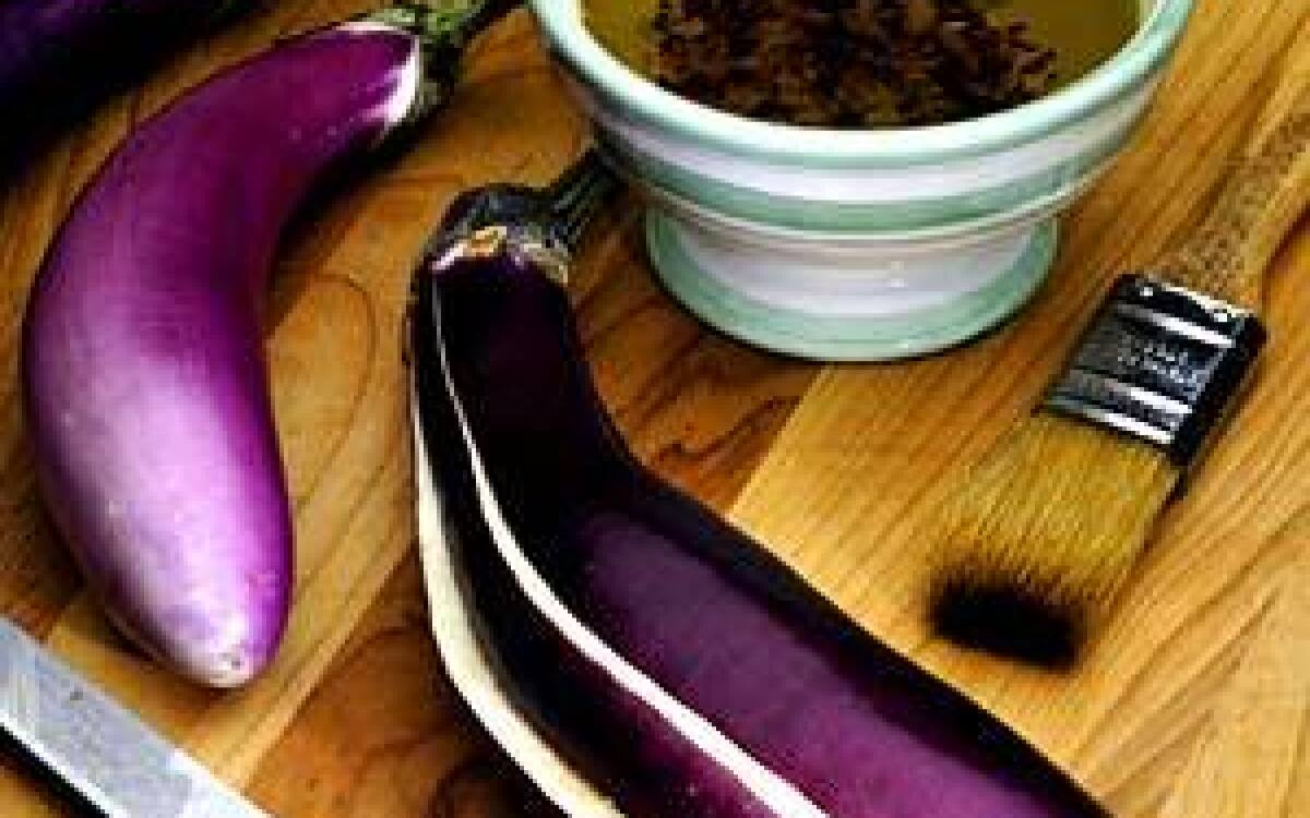 Grilled eggplant with walnut-cilantro pesto