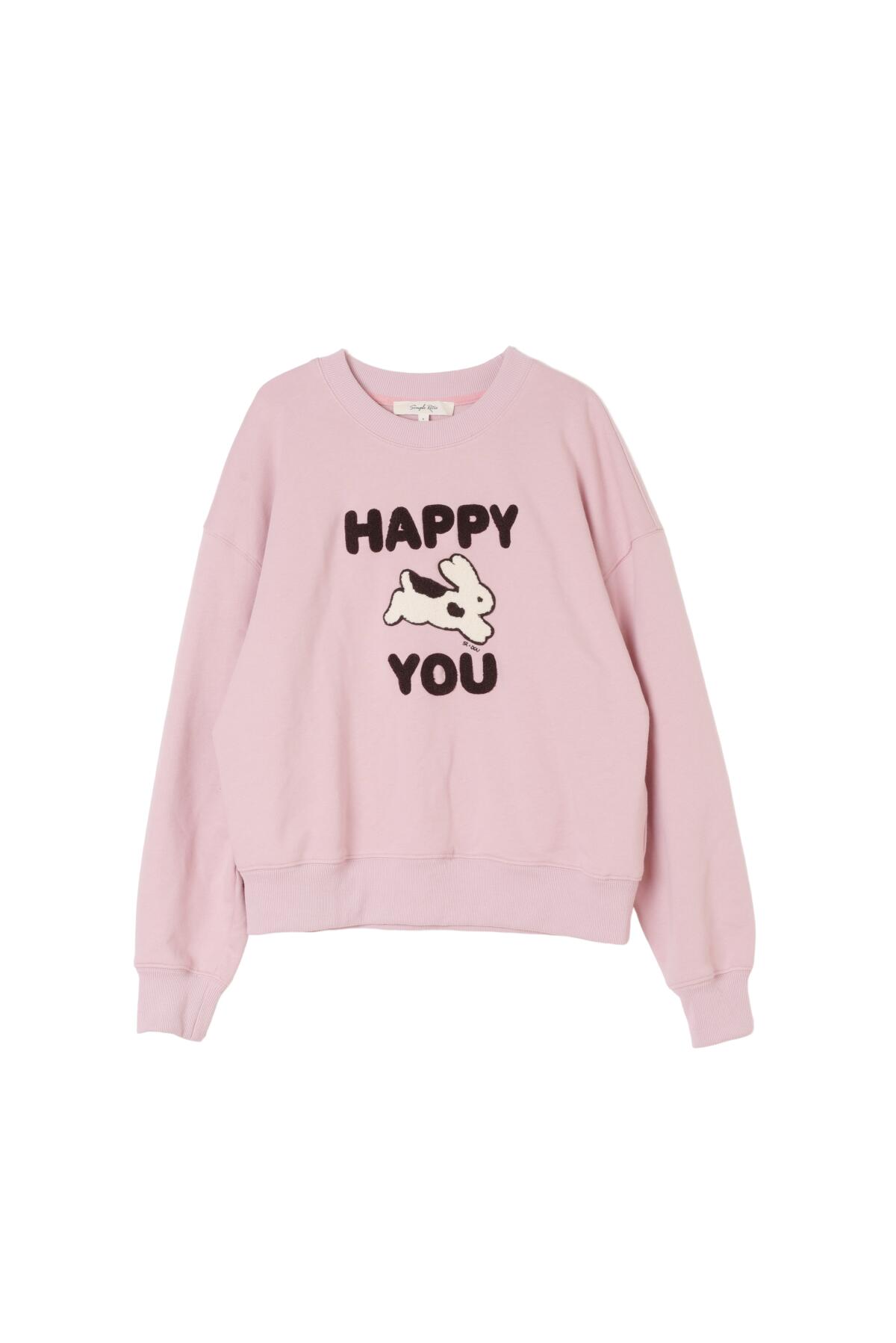Pink sweatshirt with a leaping rabbit between the words Happy and You 