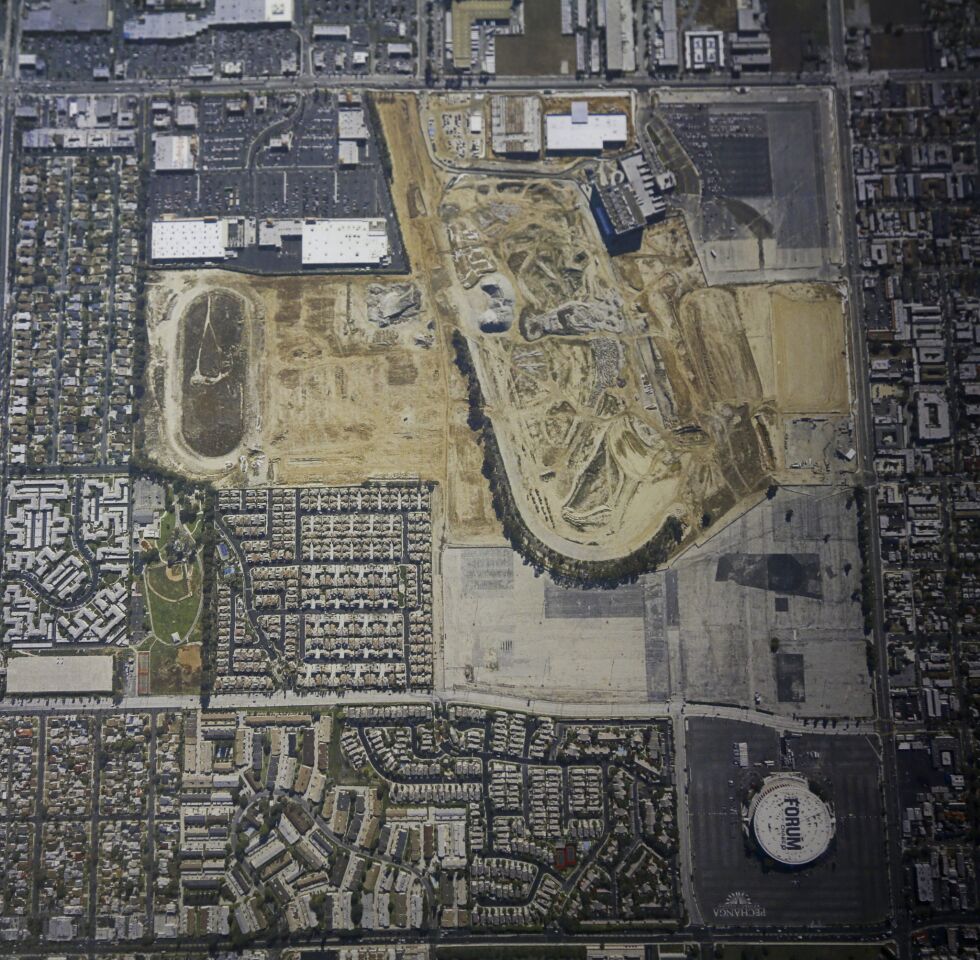 An aerial view of the Inglewood site where the Hollywood Park Land Company is building a sports, retail and entertainment venue that includes an NFL stadium.