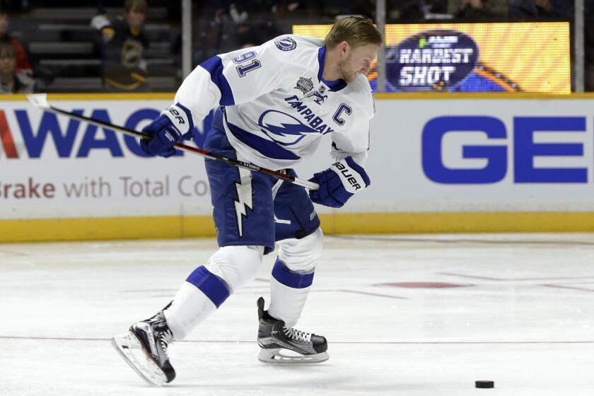 Lightning forward Steven Stamkos (91) competes in the hardest shot competition at the NHL All-Star game skills competition in Nashville, Tenn.