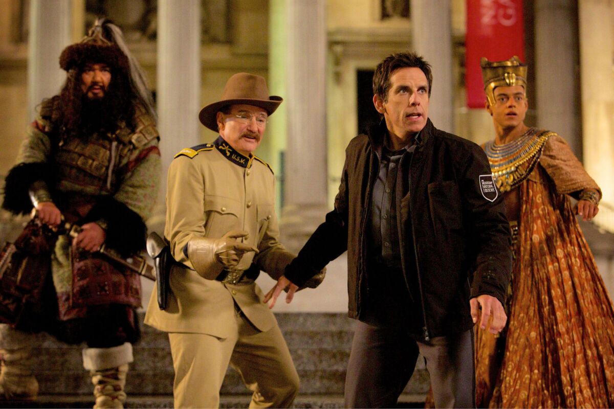 Patrick Gallagher, Robin Williams, Ben Stiller and Rami Malek in "Night at the Museum: Secret of the Tomb" (2014).