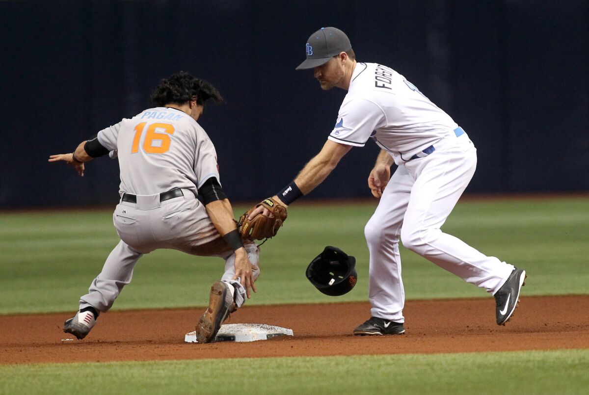 Rays second baseman Logan Forsythe (11) applies a tag against Giants outfielder Angel Pagan (16) after a stolen base attempt on June 19, 2016.
