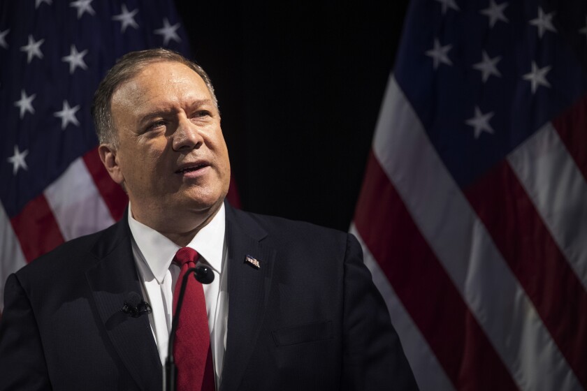 Secretary of State Mike Pompeo speaks during the Herman Kahn Award Gala, Wednesday, Oct. 30, 2019, in New York. Pompeo received the Hudson Institute's 2019 Herman Kahn Award. (AP Photo/Mary Altaffer)