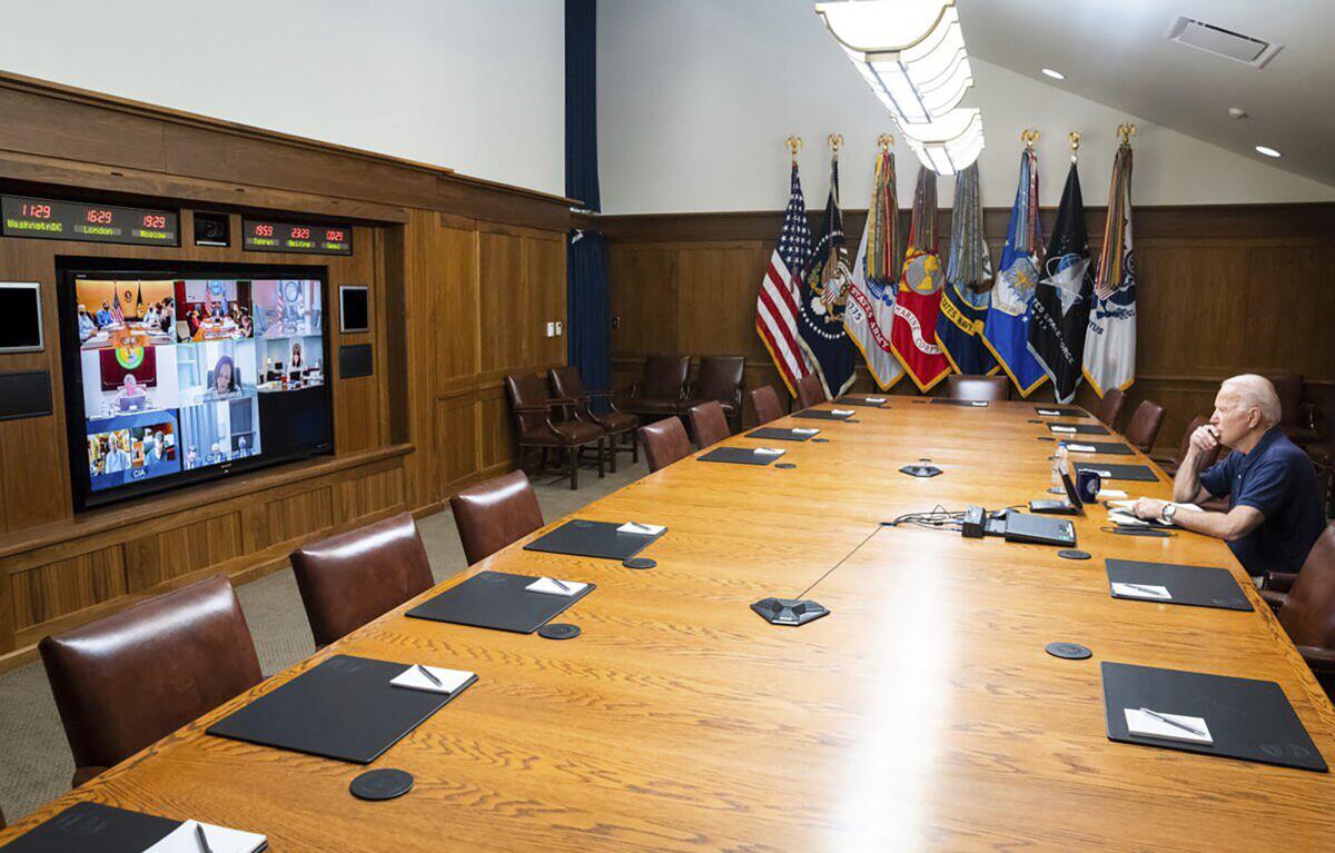 President Biden meets virtually with his national security team and senior officials for a briefing on Afghanistan 