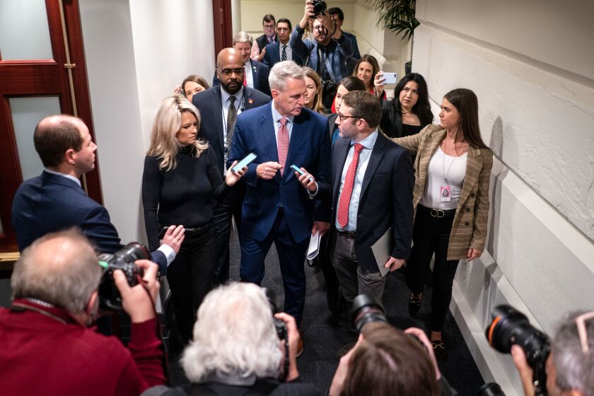 WASHINGTON, DC - JANUARY 03: Rep. Kevin McCarthy (R-CA) speaks with reporters as he arrives for a GOP Caucus meeting in the U.S. Capitol Building on Tuesday, Jan. 3, 2023 in Washington, DC. Today members of the 118th Congress will be sworn in and the House of Representatives will hold votes on a new Speaker of the House. (Kent Nishimura / Los Angeles Times)
