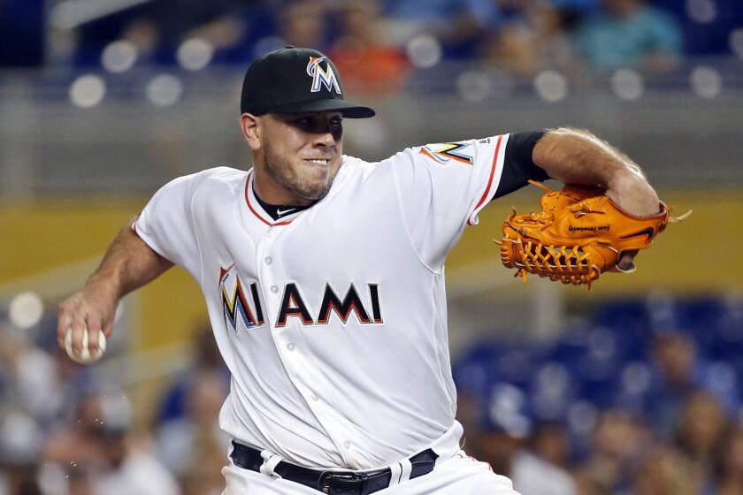 Miami's Jose Fernandez pitches against the Dodgers on Sept. 9.