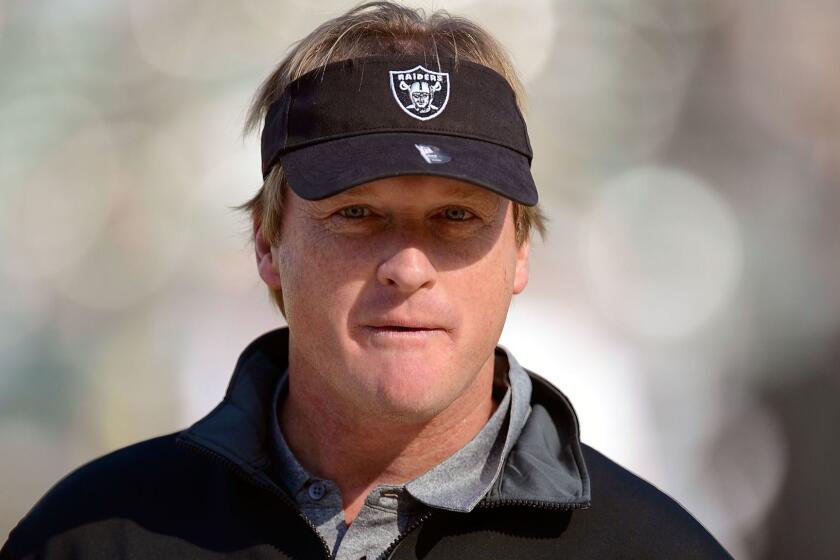 OAKLAND, CA - NOVEMBER 18: Former head coach of the Oakland Raiders and now ESPN Monday Night Football Analyst Jon Gruden looks on during pre-game warm ups before an NFL football game between the New Orleans Saints and Oakland Raiders at O.co Coliseum on November 18, 2012 in Oakland, California. (Photo by Thearon W. Henderson/Getty Images)