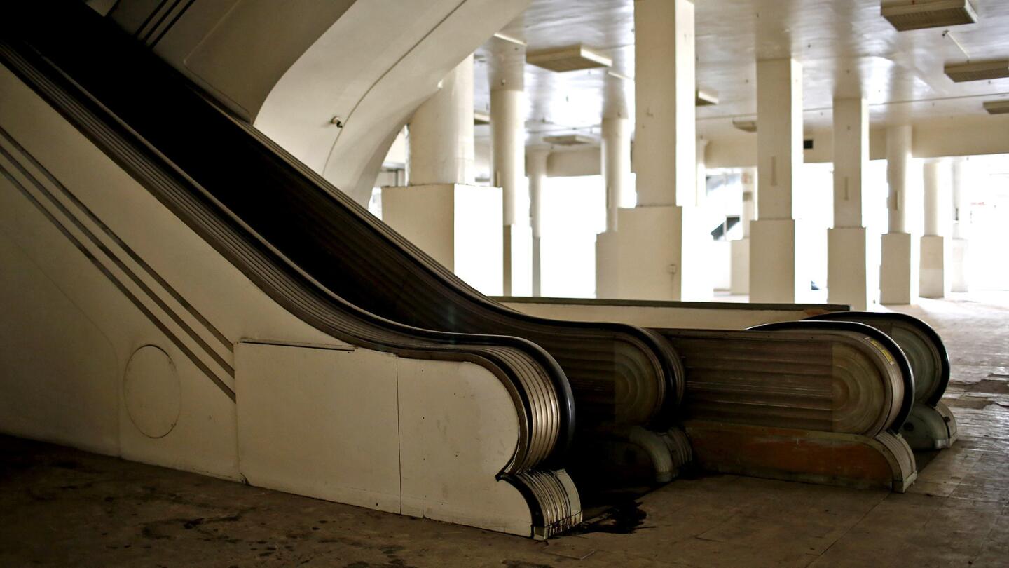 Escalators on the second floor of the Broadway Trade Center in downtown Los Angeles, which once housed May Co.