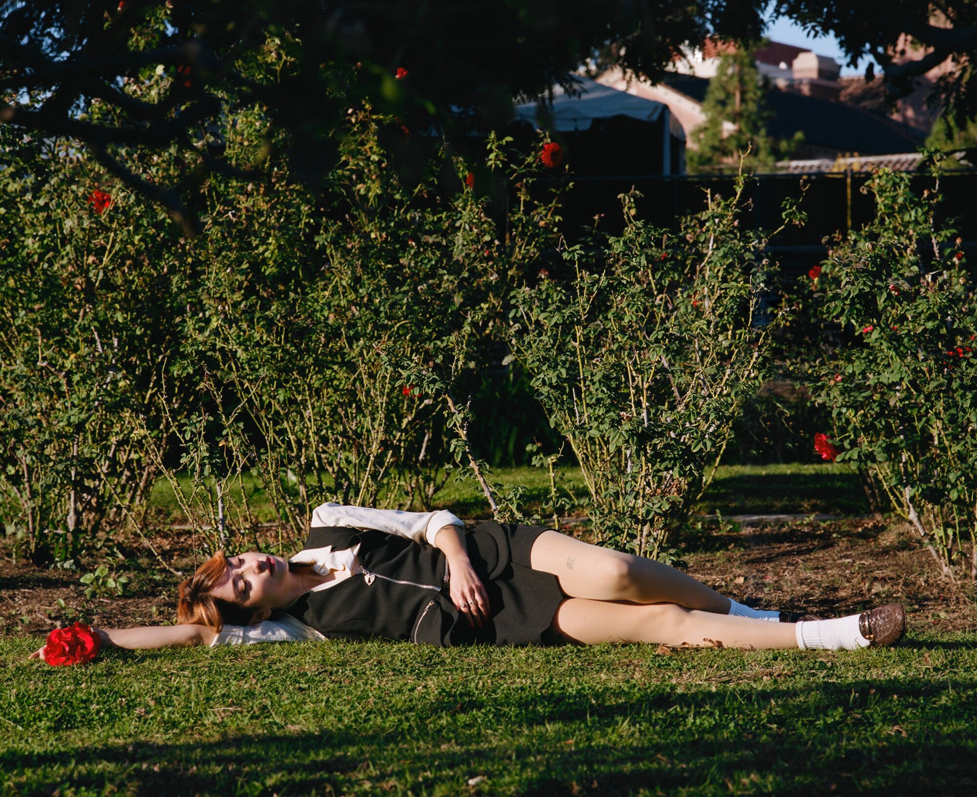 Hernández laying on the grass in Exposition Park, holding a red rose in her hand.
