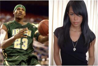 Split: left, LeBron James wears green shirt and short as he plays basketball; right, Aaliyah wears a black shirt