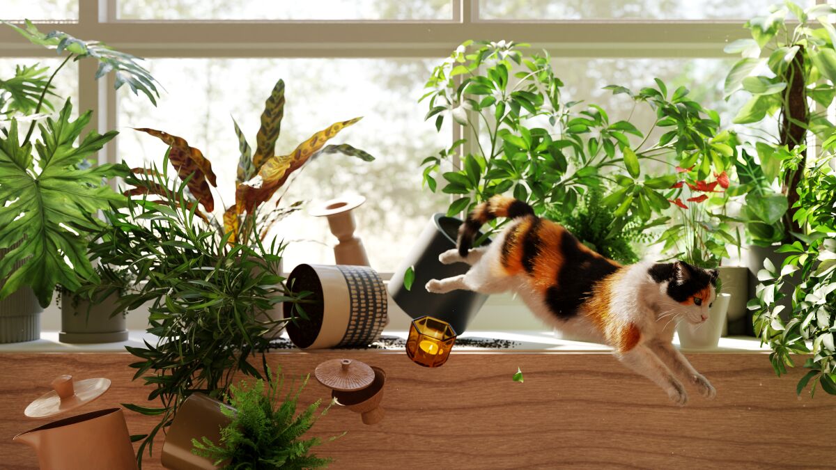 Calico cat jumping off of a window sill, knocking over plants and pottery.