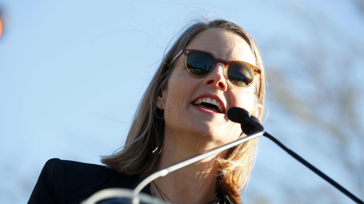 Jodie Foster speaks at the United Voices rally in Los Angeles.