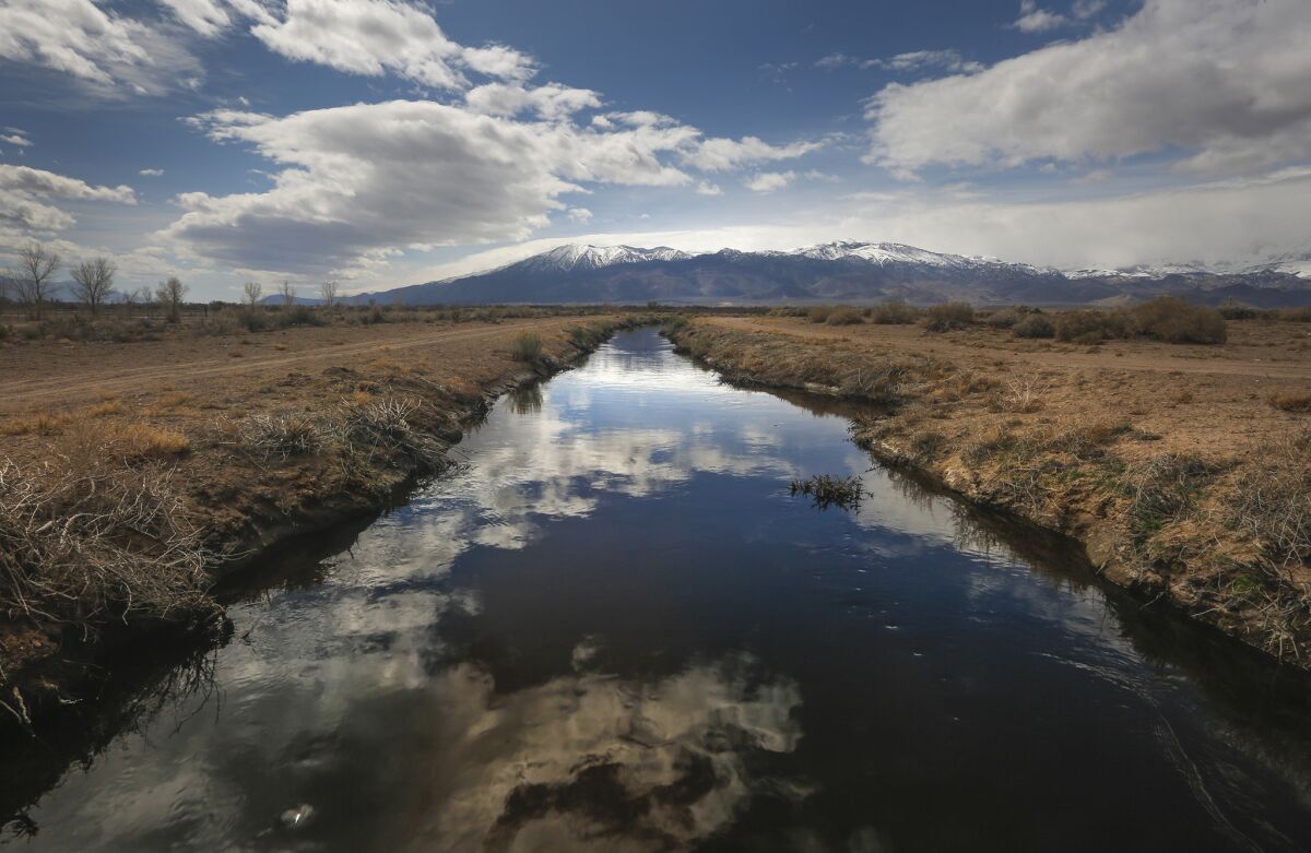 Clouds are reflected in the still waters of a channel off Fish Slough Road in Bishop this spring.