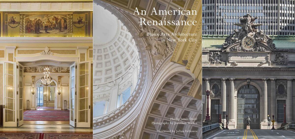 This combination of photos shows, from left, the Pompeian Room of the Joseph Raphael De Lamar House in the Murray Hill neighborhood of Manhattan, the cover of "An American Renaissance: Beaux-Arts Architecture in New York City,” by Phillip James Dodd with photography by Jonathan Wallen and the exterior of Grand Central Terminal in Manhattan. (Jonathan Wallen/Images Publishing Group via AP)