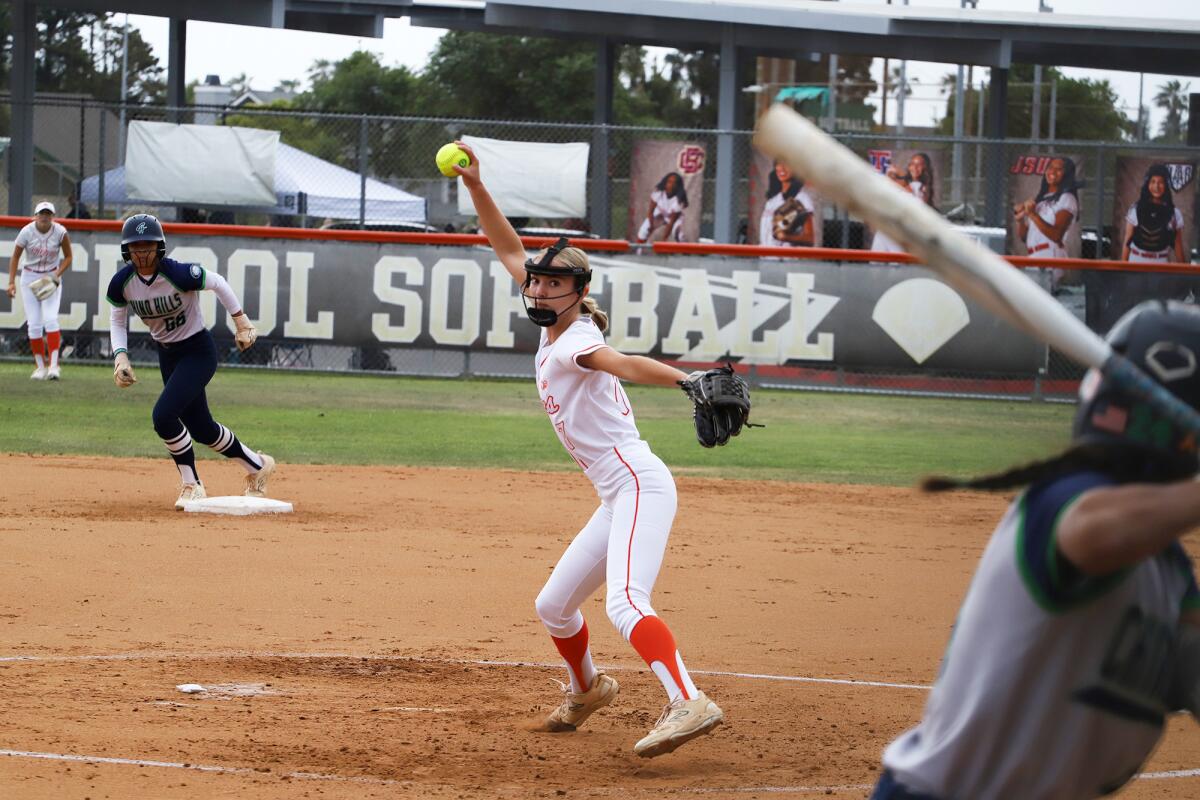 Huntington Beach's Juliette Foutz pitches against Chino Hills in the second round of the CIF Division 1 softball playoffs.