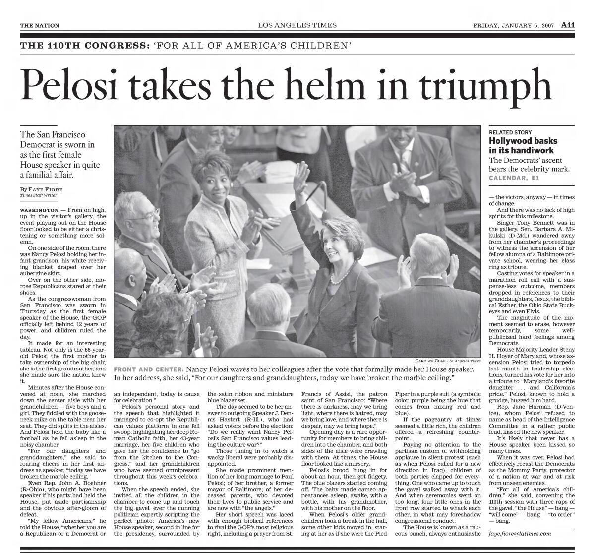 Times newspaper clipping about Nancy Pelosi becoming the first female speaker of the House